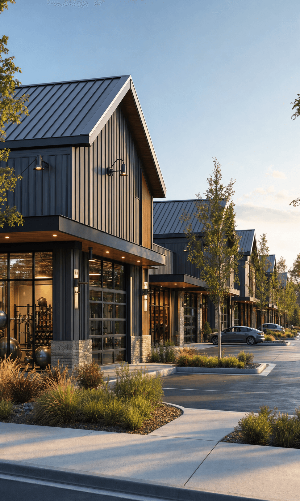 A landscaped pre-engineered metal small-bay business park with storefronts, overhangs, and gabled roofs.