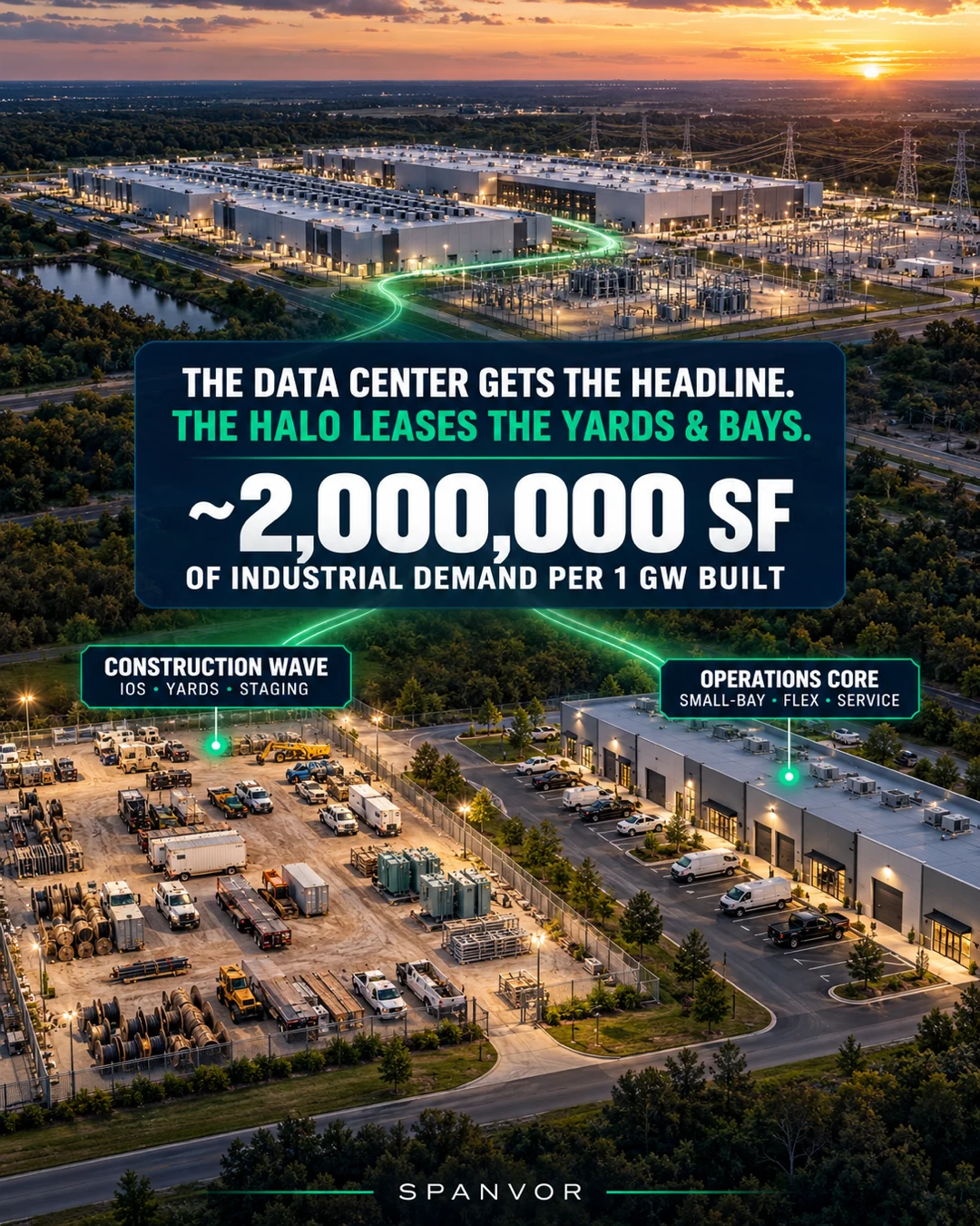 A data center campus creates a construction wave for IOS and staging plus a durable operations core for small-bay, flex and service space.