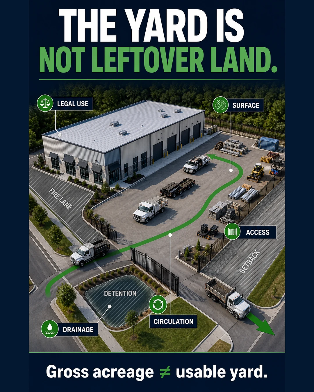 An industrial yard showing legal use, surface, access, circulation, drainage, fire-lane, detention and setback constraints.